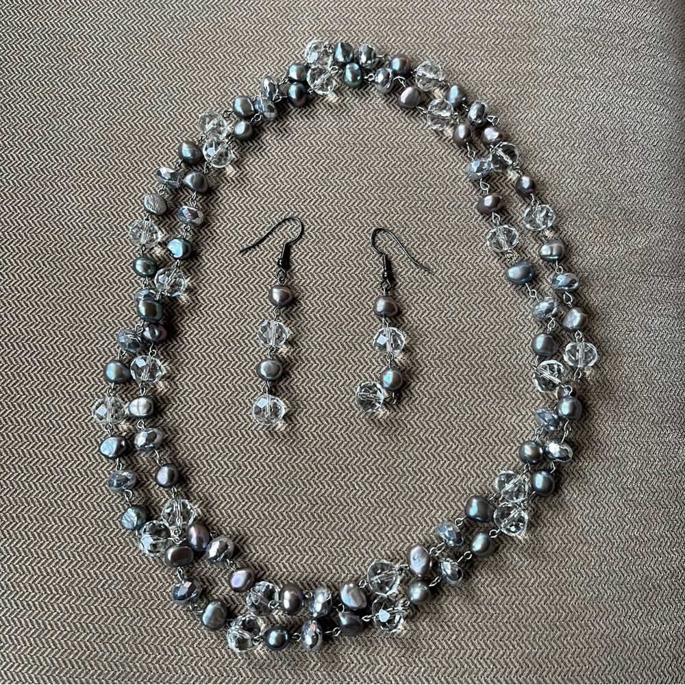 Handmade beaded clear pearl silver set